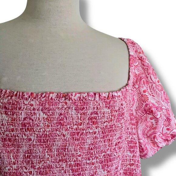 J Crew Womens Mini Dress Sz 3X Pink White Floral Puff Sleeve Smocked Coquette - Picture 7 of 9